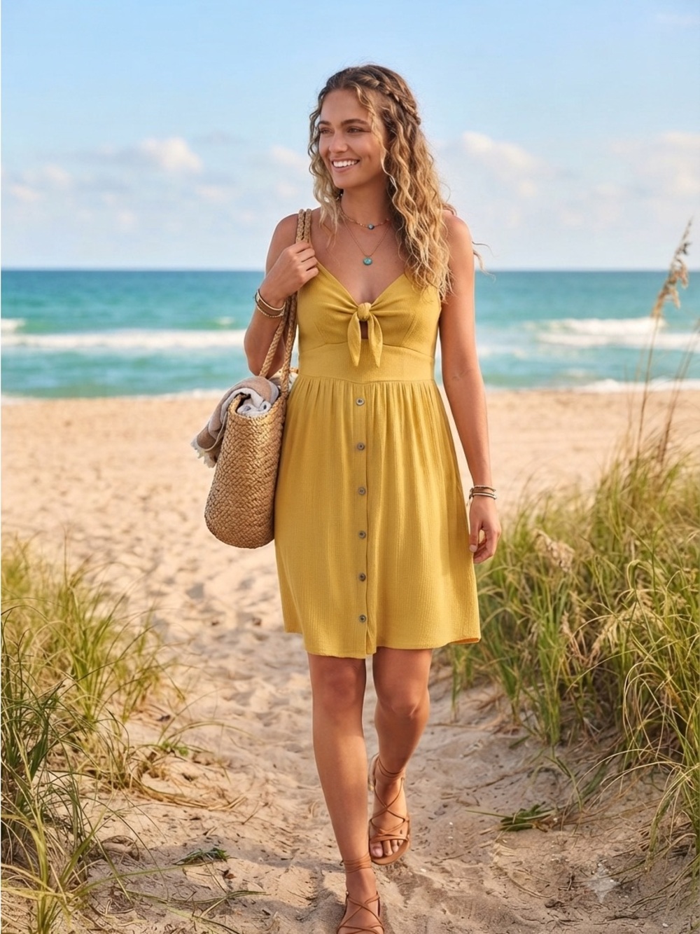 Knot-Front Mini Dress in Mustard Yellow